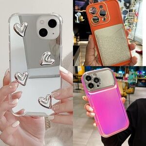 iPhone 14 Pro Case Bundle A - silver 3D heart, orange gold, pink mirrored